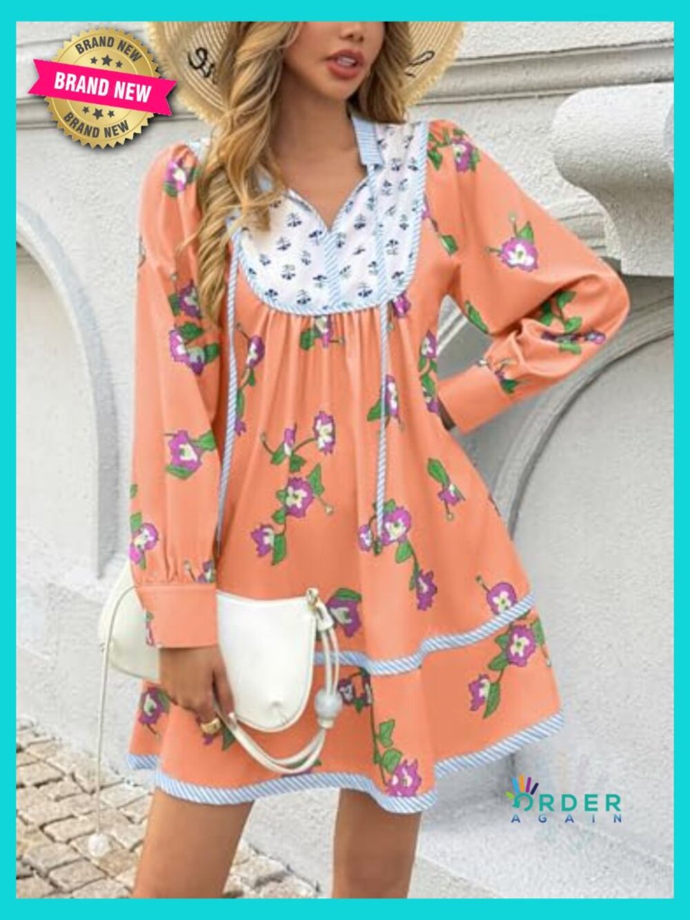 Floral Boho Babydoll Mini Dress V Neck Flowy Short Shift Long Sleeve Patchwork - Picture 4 of 7